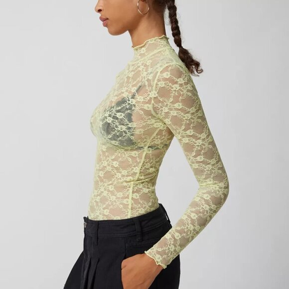 NWT UO Out From Under Luna Sheer Lace Lime Green Mock Neck Top - Picture 3 of 5